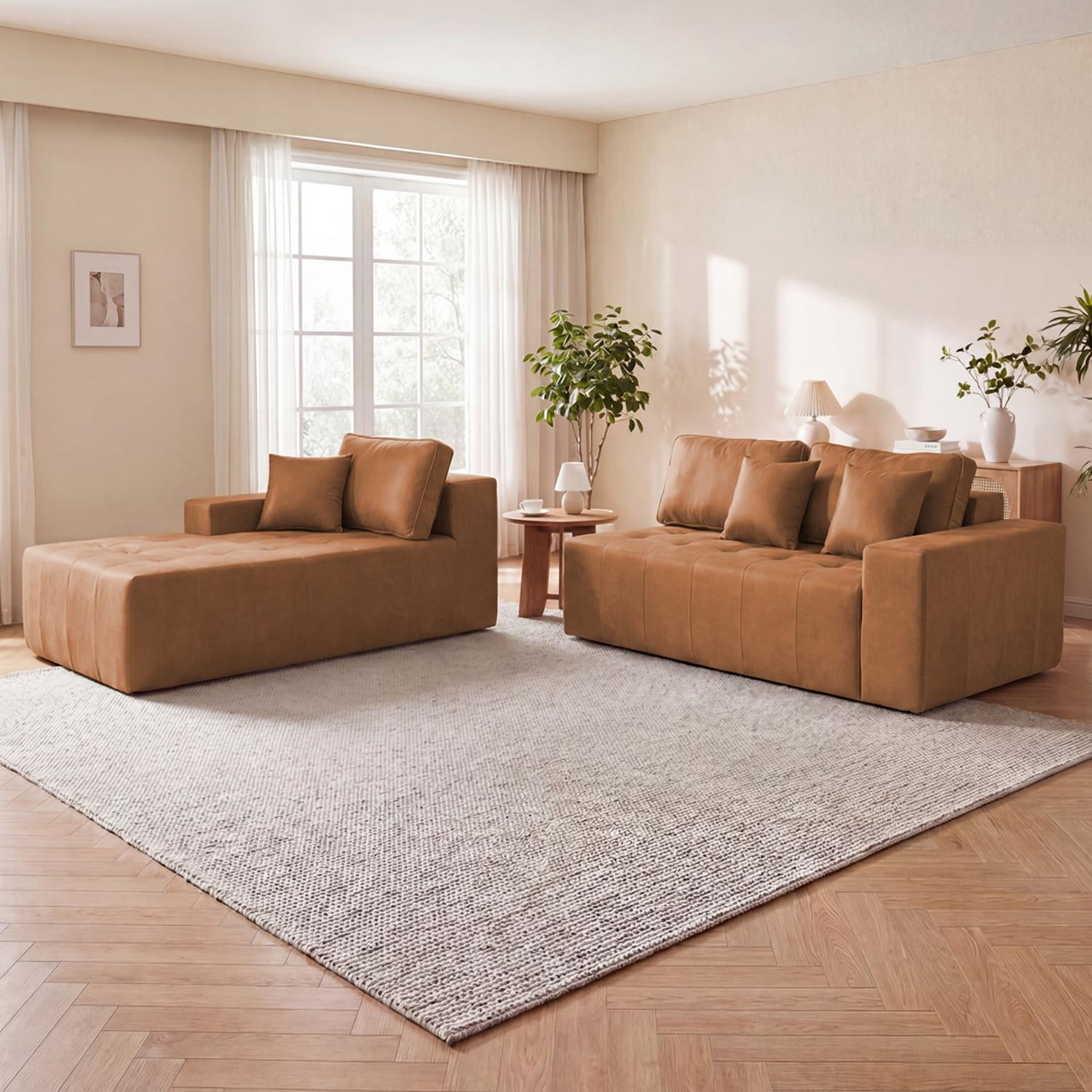 No-Assembly Faux Leather Corner Chaise Compression Sofa Bed, L-Shaped Sectional Couch with High-Density Sponge for Living Room, Light Brown