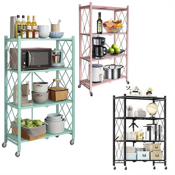 No Assembly Foldable Storage Rack with Wheels, Multi-Tier Metal Rolling Cart for Kitchen, Closet, Office & Books Organization
