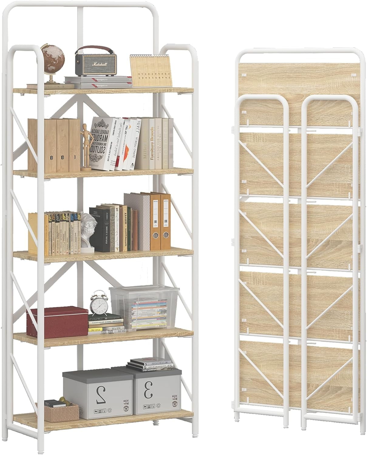 No Assembly Folding Bookshelf, 5 Tier Industrial Metal Book Shelf for
