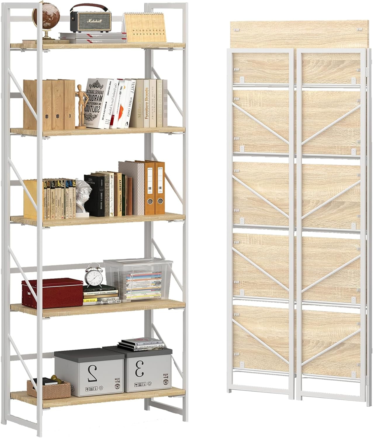 No Assembly Folding Bookshelf, 5 Tier Industrial Metal Book Shelf for
