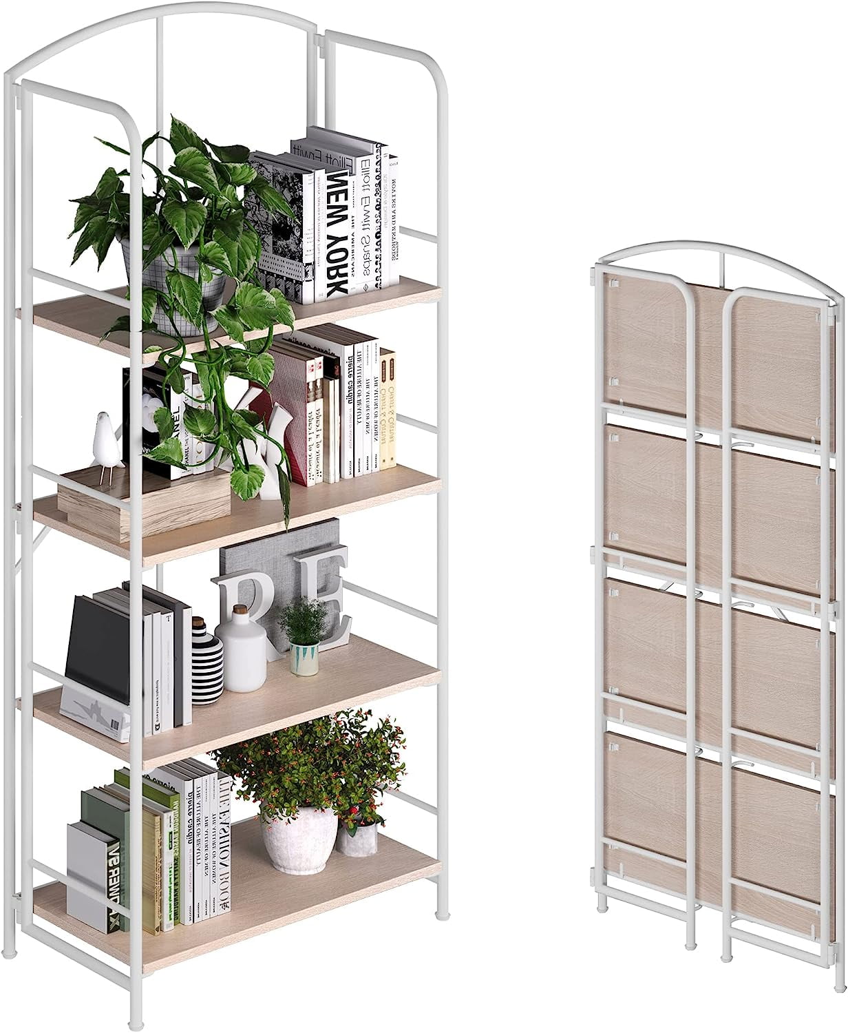 No Assembly Folding Bookshelf, Metal Book Shelf for Storage, Folding