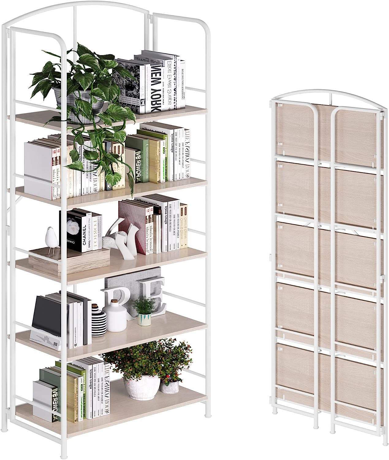 No Assembly Folding Bookshelf, Metal Book Shelf for Storage, Folding