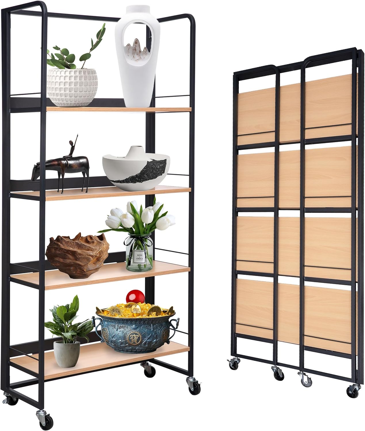 NoAssembly Folding Bookshelf Storage Rack Shelves with Castors 4 Tiers