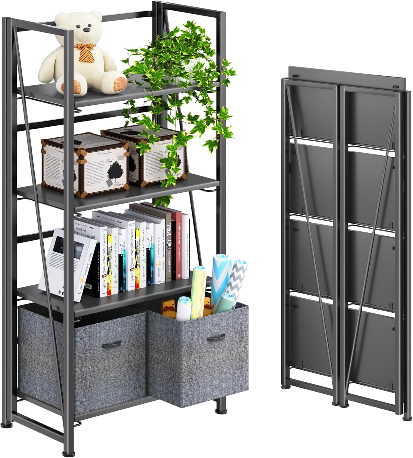 No Assembly Folding Bookshelf Storage Shelves 4 Tiers Vintage Bookcase ...