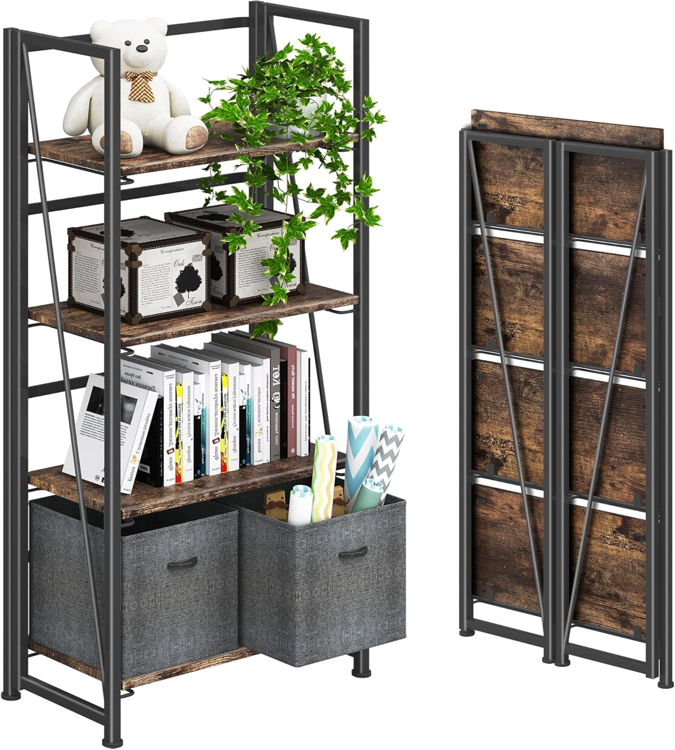 Study Rack Organiser No Assembly Folding Bookshelf Storage Shelves 4 Tiers Vintage Bookcase ...