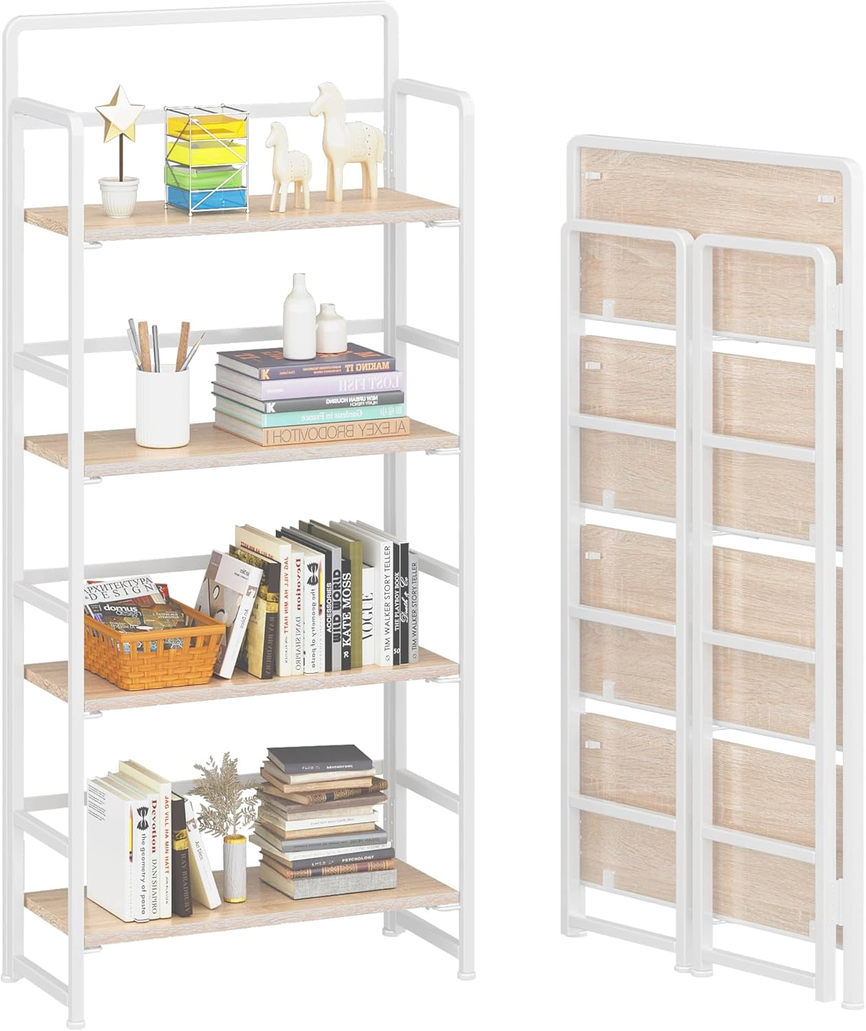 Study Rack Organiser No-Assembly Folding Bookshelf Storage Shelves 5 Tiers Vintage Bookcase ...