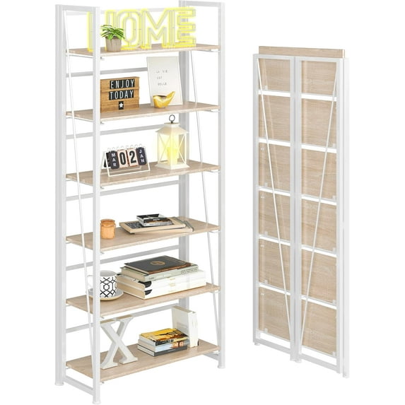 No-Assembly Folding Bookshelf Storage Shelves 5 Tiers Vintage Bookcase Standing Racks Study Organizer Home Office (Gray and Black)