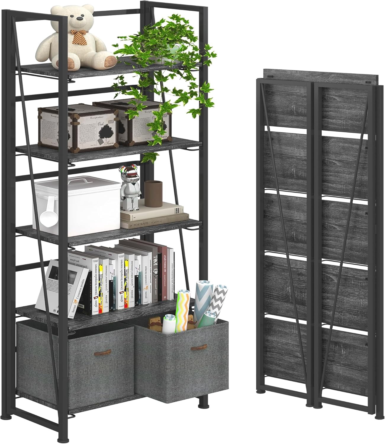 Study Rack Organiser No-Assembly Folding Bookshelf Storage Shelves 5 Tiers Vintage Bookcase ...