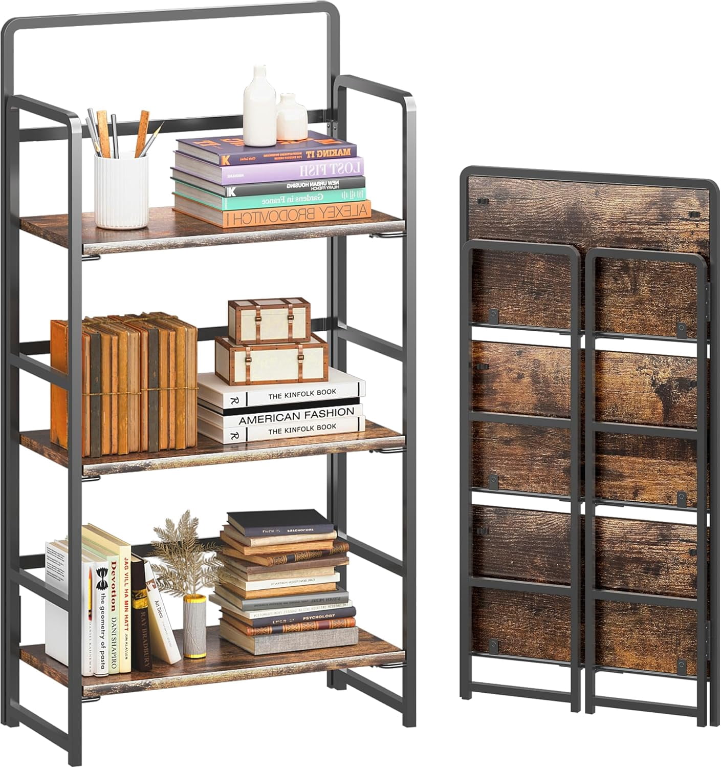Study Rack Organiser No-Assembly Folding Bookshelf Storage Shelves 5 Tiers Vintage Bookcase ...