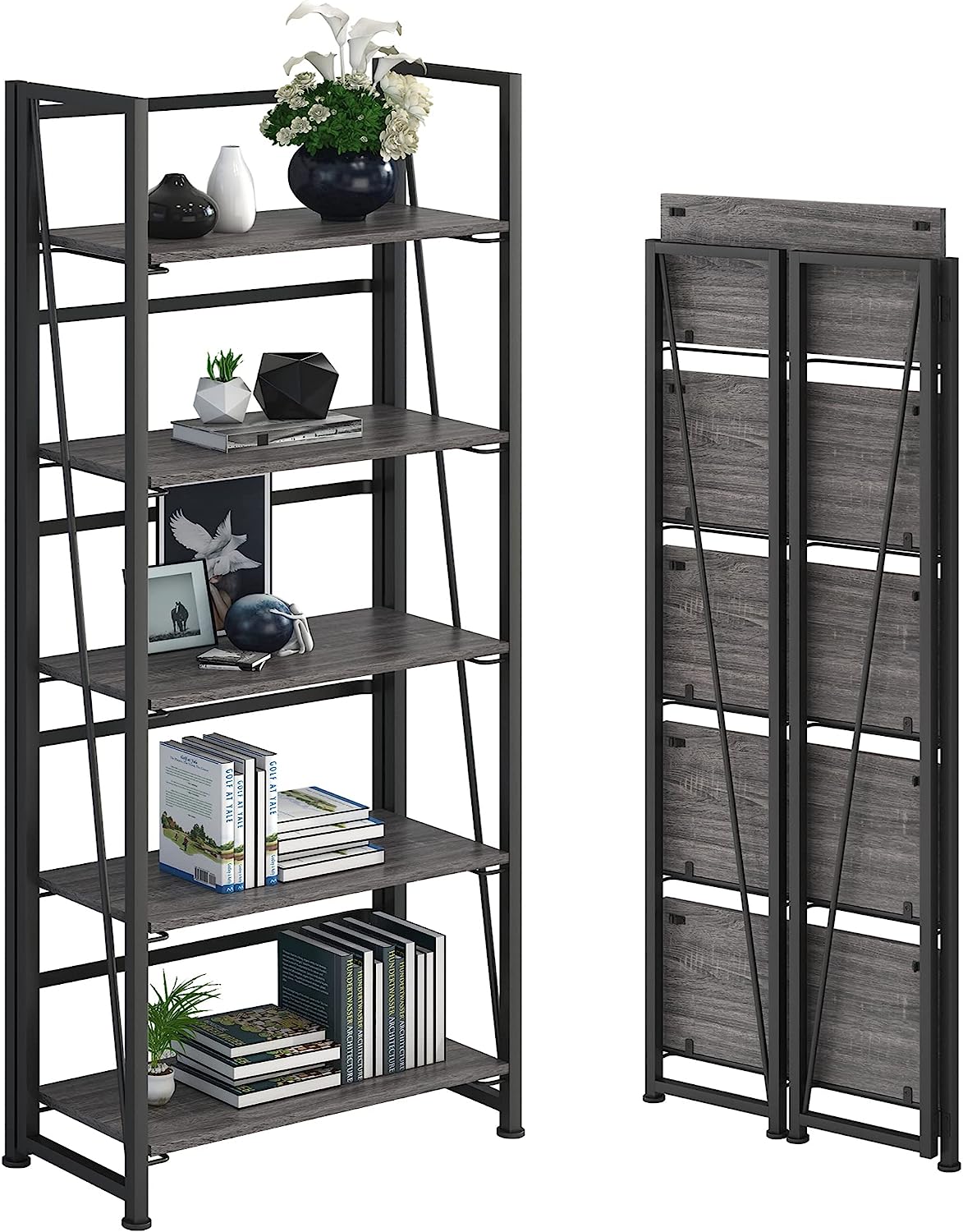 NoAssembly Folding Bookshelf Storage Shelves 5 Tiers Vintage