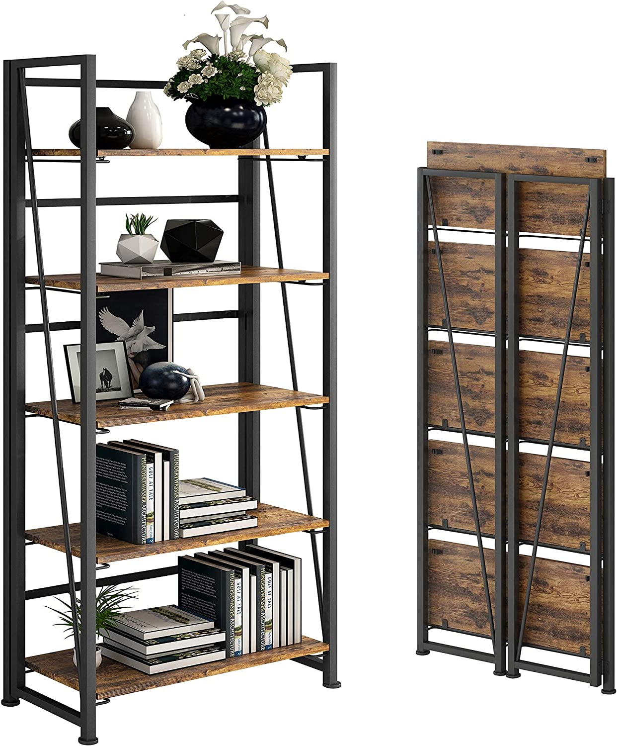 NoAssembly Folding Bookshelf Storage Shelves 5 Tiers Vintage