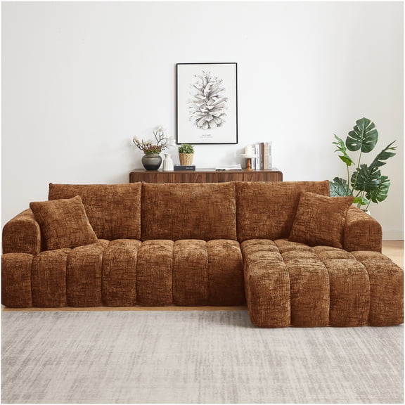 No Assembly L-Shape Chenille Sofa, Orange Oversized Sectional Couch with Tufted Design for Living Room & Apartment