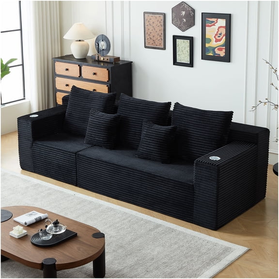 No Assembly Modular Cloud Couch with Cup Holders, Black Corduroy Deep Seat Sectional Sofa
