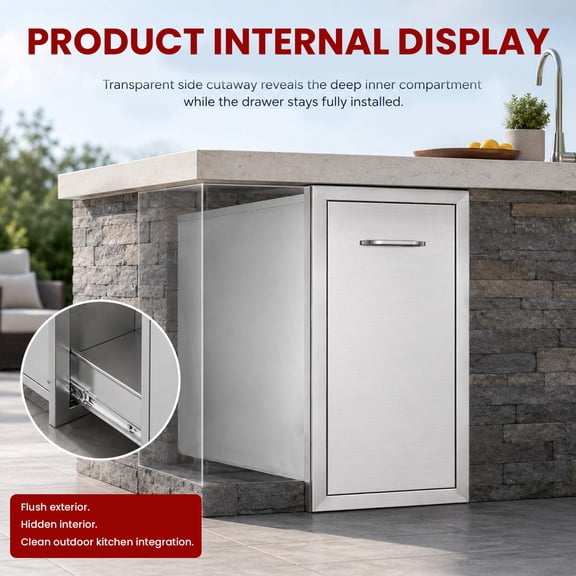 No Assembly Outdoor Trash Drawer, Stainless Steel Pull-Out Design, 25.7"L13.4"W19.6"H, Built-In Mount with Handle, BBQ Kitchen Accessory