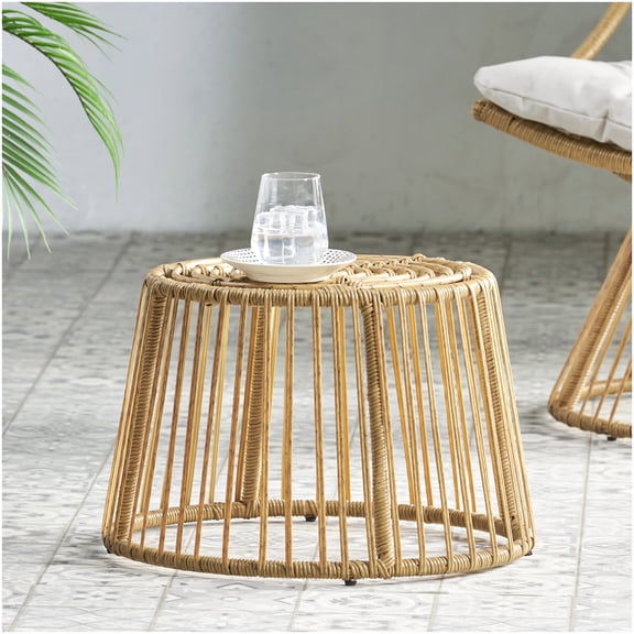 No Assembly Rattan End Table, Light Brown Boho Outdoor Side Table with Wicker Wrap for Patio Furniture