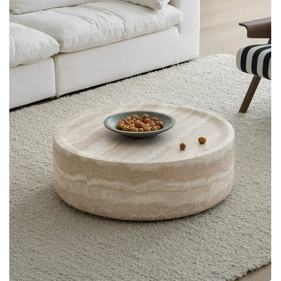 No-Assembly Round Coffee Table, 35.43 Inch Faux Travertine Textured Beige Fiberglass Table for Living Room, Ready to Use, Scratch Resistant