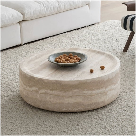No Assembly Round Coffee Table for Living Room, Faux Travertine Textured Top 35.43 Inch Fiberglass Marble Design