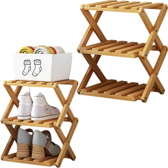 No-Assembly Wood Rack, Foldable Tier Wood Corner Shoe Rack, Space-Saving Organizer for Shoes, No Assembly Narrow Shoe Shelf for Entryway Closet Dorm, Brown, A2-3 Layers