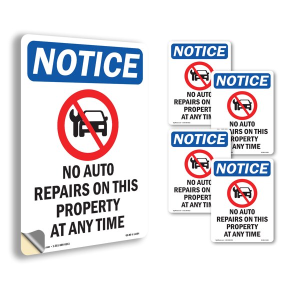 No Auto Repairs On With Symbol OSHA Notice Vinyl Decal Label 7 Inch x 5 Inch - 5 Pack