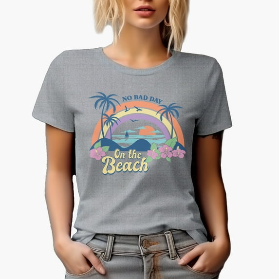 No Bad Day on the Beach, Retro Tropical or Summer Art Merch Gift, Heather Grey T-Shirt, Medium