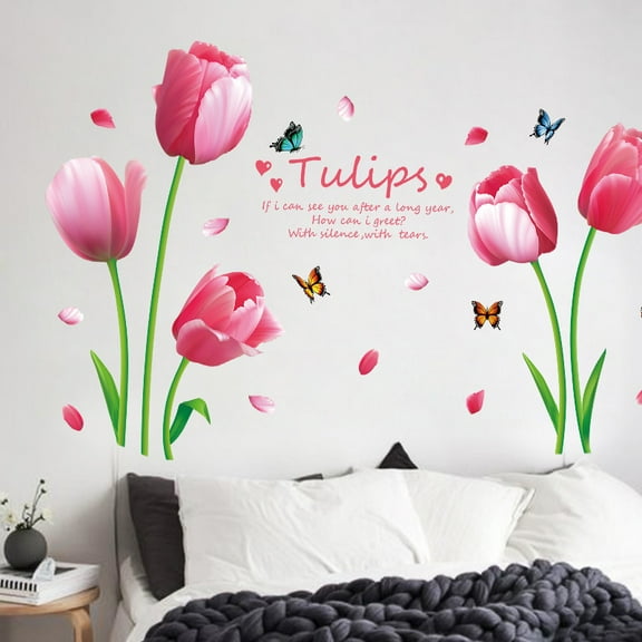 No Bag XL8391 Pink Tulip Bedroom Living Room TV Background Wall Entrance Store Decoration Self-Adhesive Wall Sticker