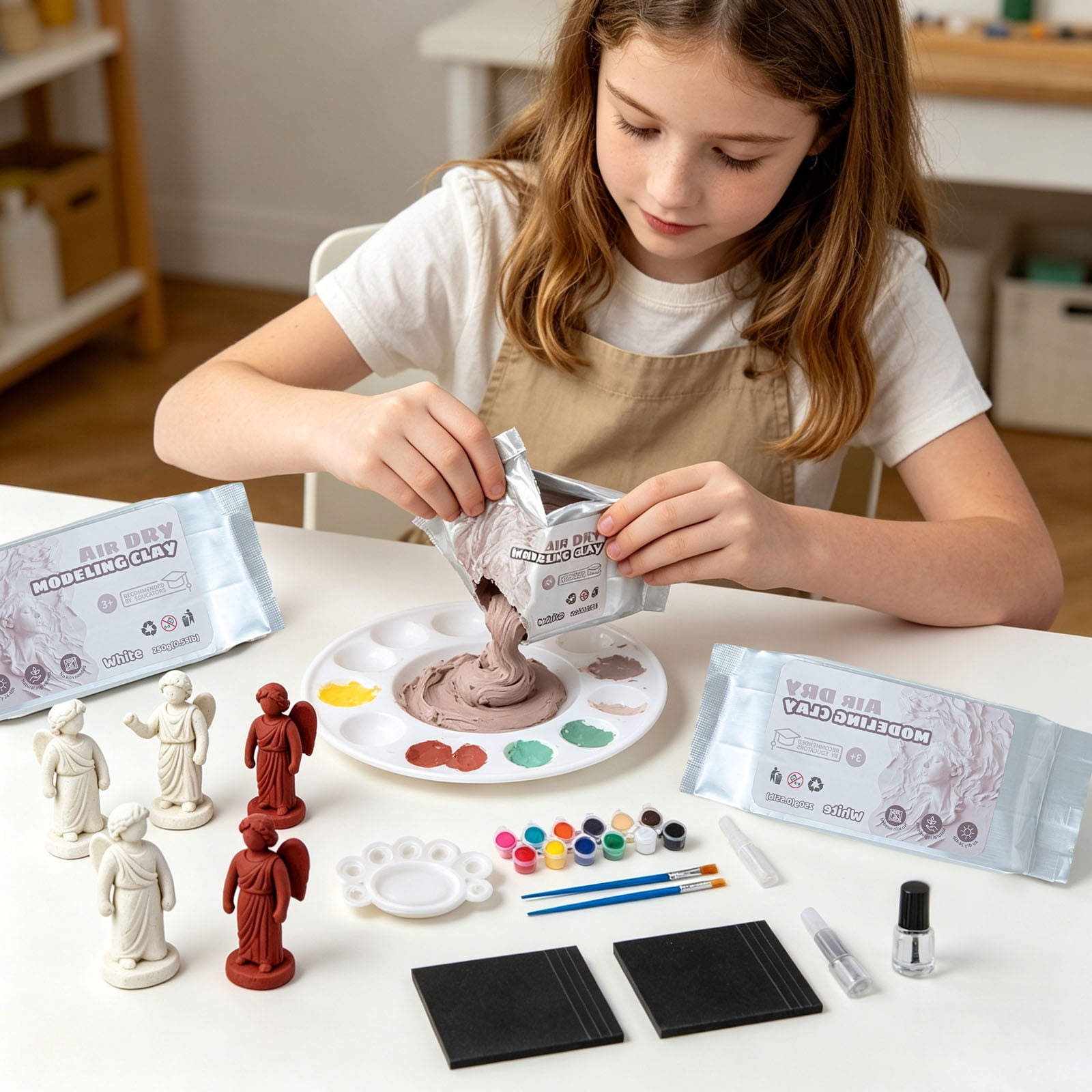 No-Bake Air Dry Clay Modeling Kit, Complete Sculpting Set with Clay, Paint Brushes, and Finishing Tools, Non-Toxic DIY Craft Supplies for Handmade Sculptures, Decorations, and Art Creations