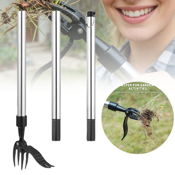 No Bend Stand Up Weed Puller, 4 Claw Steel Head Weeder Tool with 3 Section Stainless Steel Handle for Long-Lasting Garden Lawn Weed Control