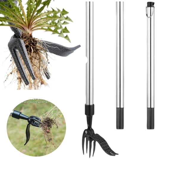 No Bend Stand Up Weed Puller Tool, 4 Claw Steel Head Weeder Tool for Heavy-Duty Weeding, Perfect for Dandelion Thistle and Other Lawn Weeds