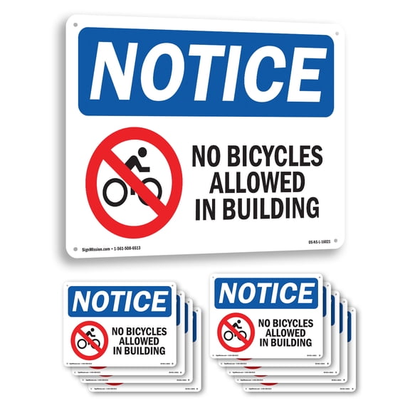 No Bicycles Allowed In Building OSHA Notice Aluminum Sign 10 Inch x 7 Inch - 10 Pack