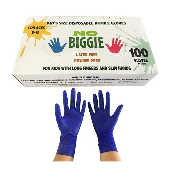 No Biggie Disposable Nitrile Gloves for kids Ages 8 - 12. Latex Free, Powder Free & Food Grade.