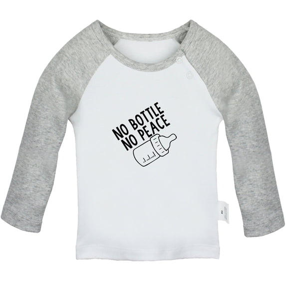 No Bottle No Peace Funny T shirt For Baby, Newborn Babies T-shirts, Infant Tops, 0-24M Kids Graphic Tees Clothing (Long Gray Raglan T-shirt, 0-6 Months)