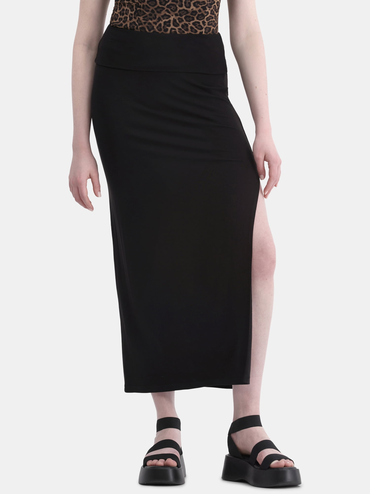 No Boundaries Knit Foldover Slit Maxi Skirt, Women's and Women’s Plus