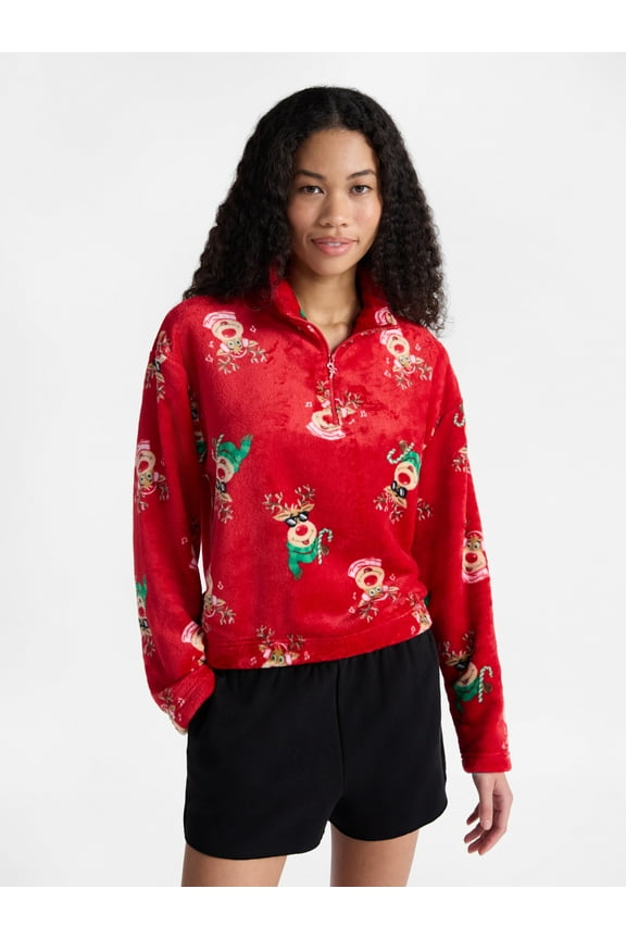 Christmas Quarter Zip Mock Neck Plush Top with Long Sleeves, Women's