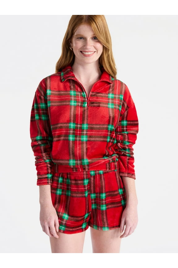 Christmas Quarter Zip Mock Neck Plush Top with Long Sleeves, Women's