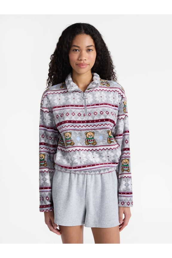 Christmas Quarter Zip Mock Neck Plush Top with Long Sleeves, Women's