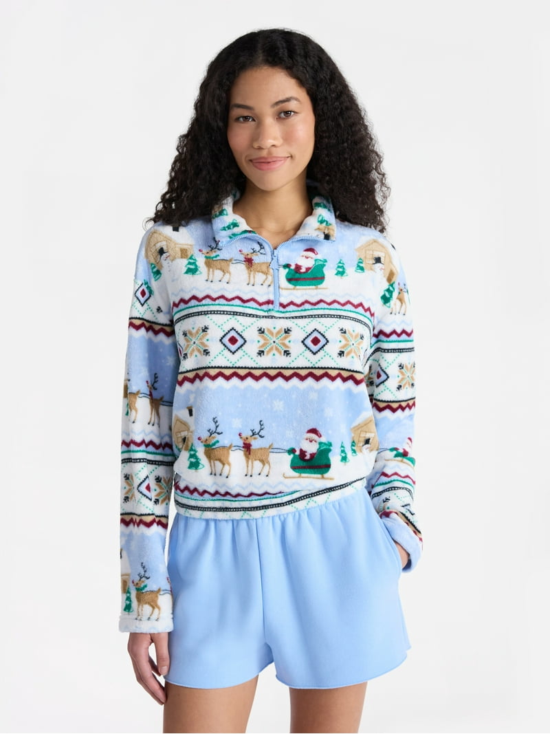 No Boundaries Christmas Quarter Zip Mock Neck Plush Top with Long