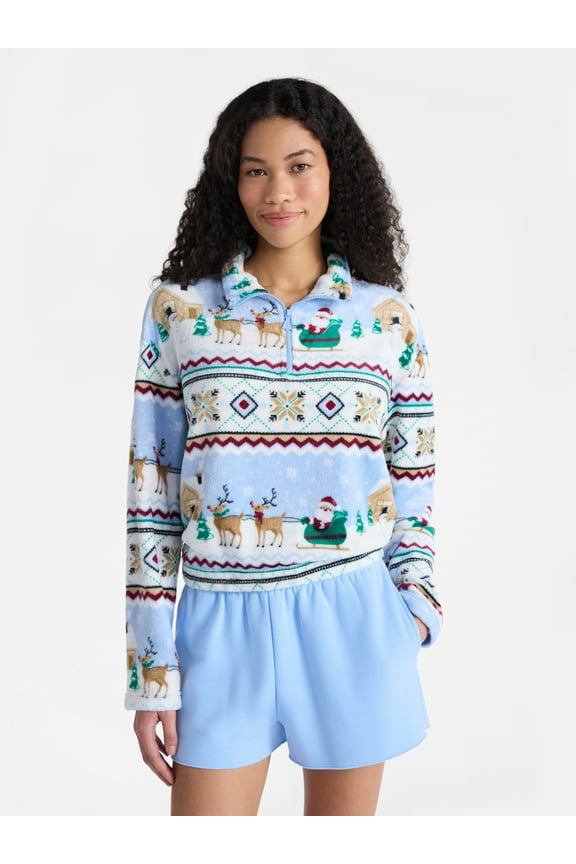 Christmas Quarter Zip Mock Neck Plush Top with Long Sleeves, Women's