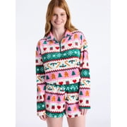 No Boundaries Christmas Quarter Zip Mock Neck Plush Top with Long Sleeves, Women's