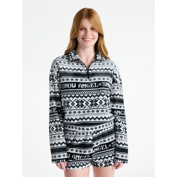 No Boundaries Christmas Quarter Zip Mock Neck Plush Top with Long Sleeves, Women's