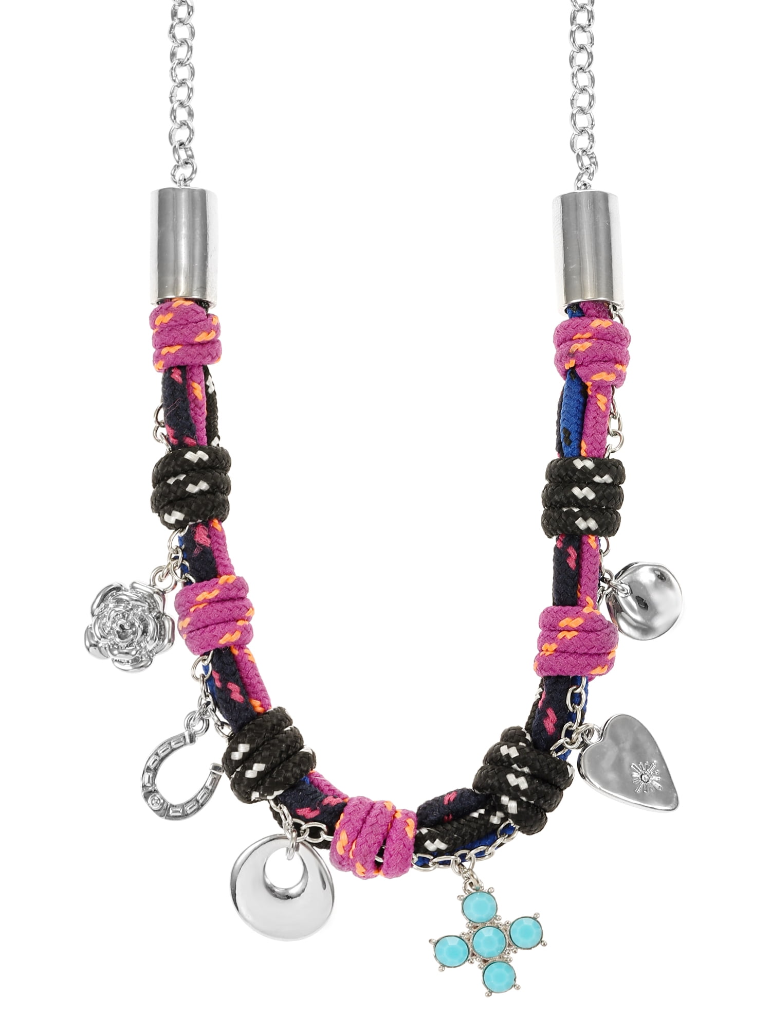No Boundaries 16" Multicolor Silver-Tone Paracord Necklace with Charms, 1-Piece, Women’s