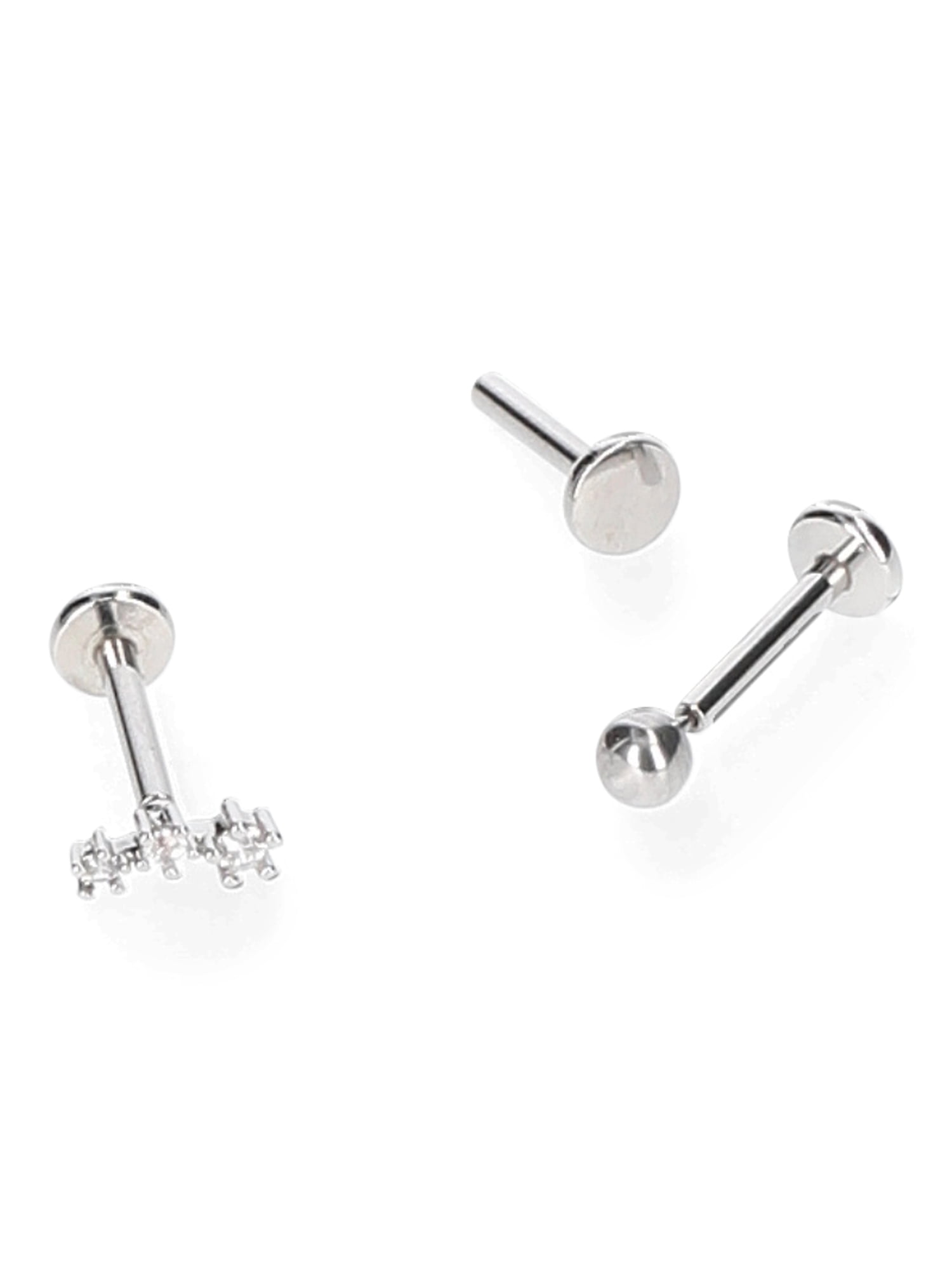 No Boundaries Women's CZ Cartilage Stud Pack, Stainless Steel, 3-Piece Set