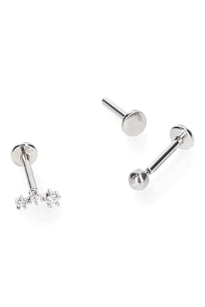 Women's CZ Cartilage Stud Pack, 3-Piece Stainless Steel Set