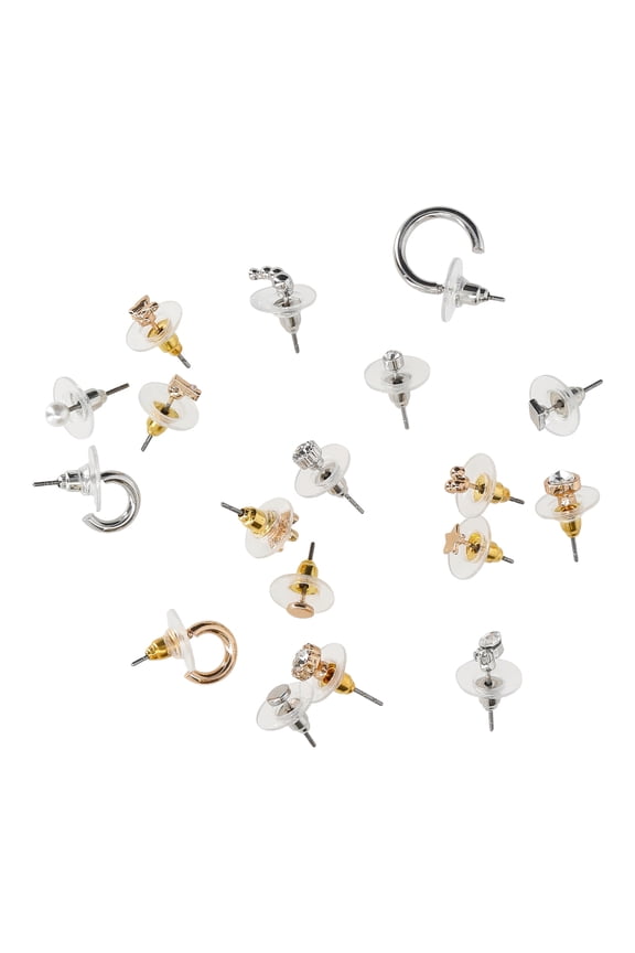 Women's Assorted Silver Tone and Gold tone Studs and Hoops Earrings, 18 Piece Set