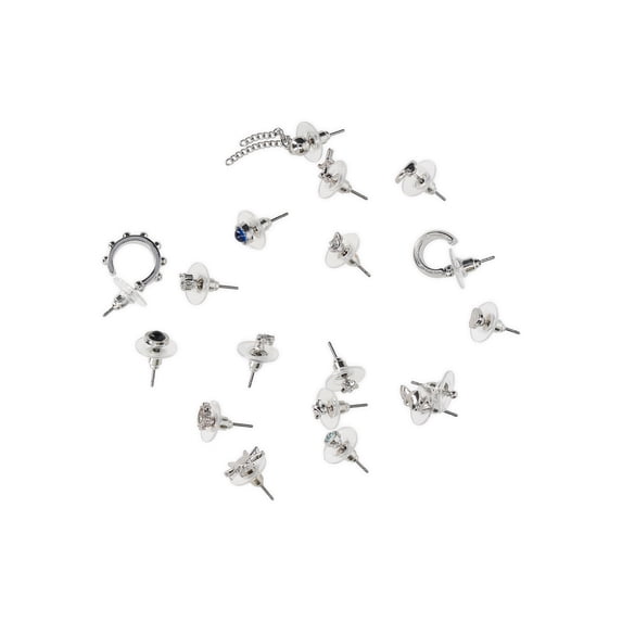 No Boundaries Women's Assorted Silver Tone and Blue Tone Dagger Studs and Hoops Earrings, 18 Piece Set