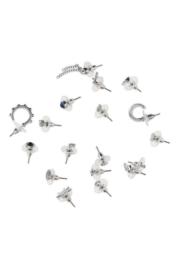 Women's Assorted Silver Tone and Blue Tone Dagger Studs and Hoops Earrings, 18 Piece Set