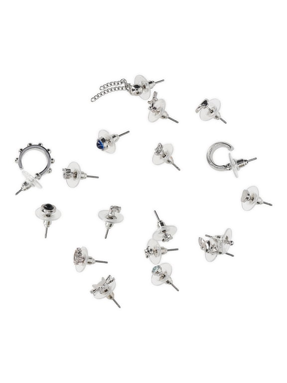 Women's Assorted Silver Tone and Blue Tone Dagger Studs and Hoops Earrings, 18 Piece Set