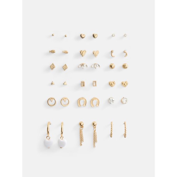 No Boundaries Women's Assorted Gold Tone and Crystal Studs and Hoop Earrings, 18 Piece Set