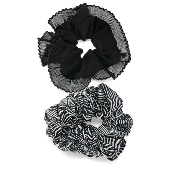 No Boundaries 2 Pack Printed & Ruffle Hair Ties, Black/White
