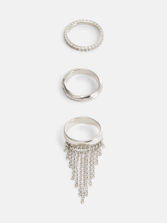 Fringe Chain Rings Set, Silver Plated/Faux Crystal, 3 Pairs