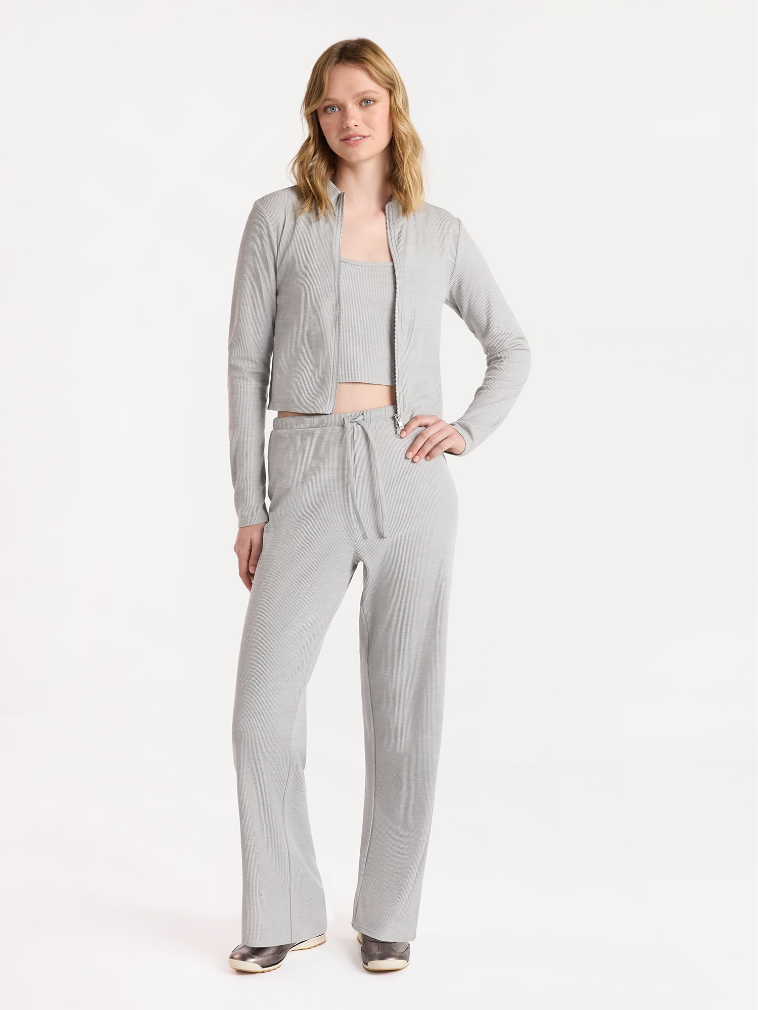 No Boundaries Waffle Knit Tank Top, Jacket, and Pants Set, 3-Piece